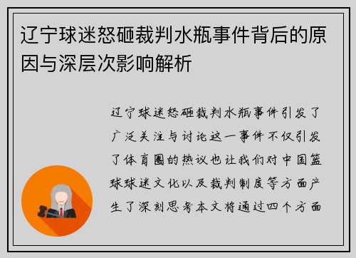 辽宁球迷怒砸裁判水瓶事件背后的原因与深层次影响解析 辽宁球迷怒砸裁判水瓶事件背后的原因与深层次影响解析