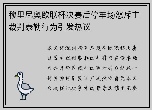 穆里尼奥欧联杯决赛后停车场怒斥主裁判泰勒行为引发热议 穆里尼奥欧联杯决赛后停车场怒斥主裁判泰勒行为引发热议