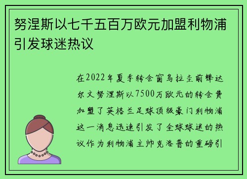 努涅斯以七千五百万欧元加盟利物浦引发球迷热议 努涅斯以七千五百万欧元加盟利物浦引发球迷热议